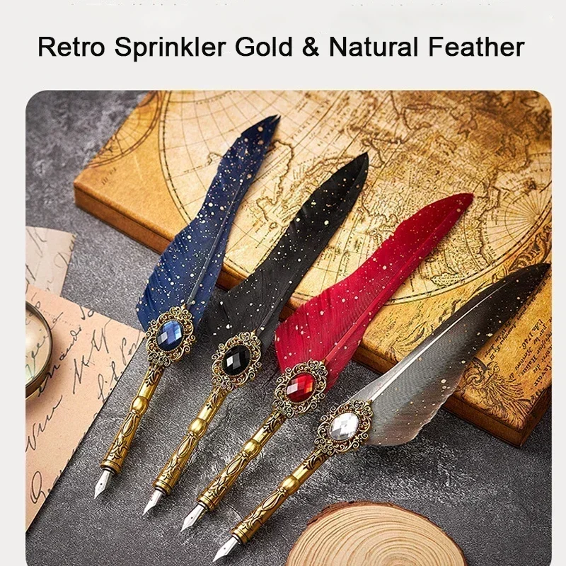 European Style Quill Pens Set with Ink Retro Dipping Quill Pen Lacquer Seal Student Dip Pencil Feather Pen