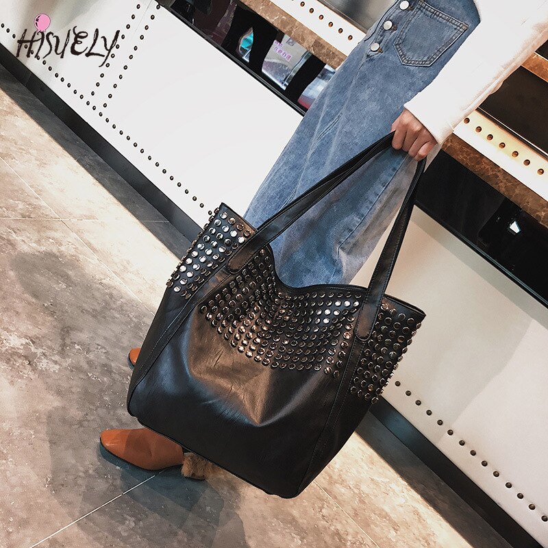 Rivet Women Pu Leather HandBags Female Lady Larger Capacity Famous Shoulder Bag Black