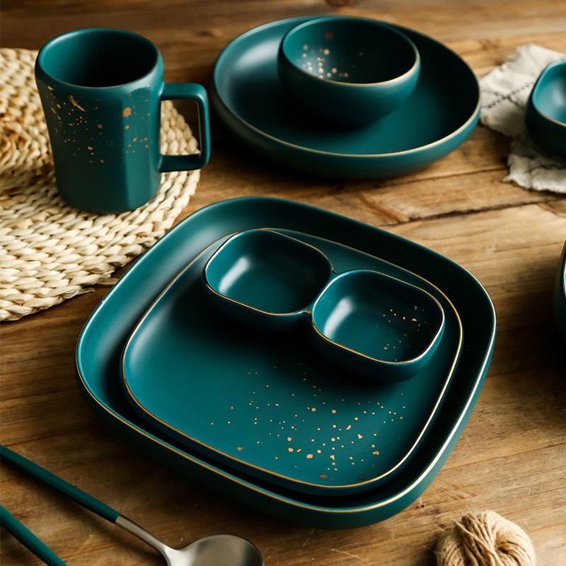 Juego de vajilla de cerámica de estilo nórdico para el hogar, juego de vajilla de alta de estilo Retro, color verde, cuenco, plato, tazón de sopa, bandeja, vajilla de cena y cocina