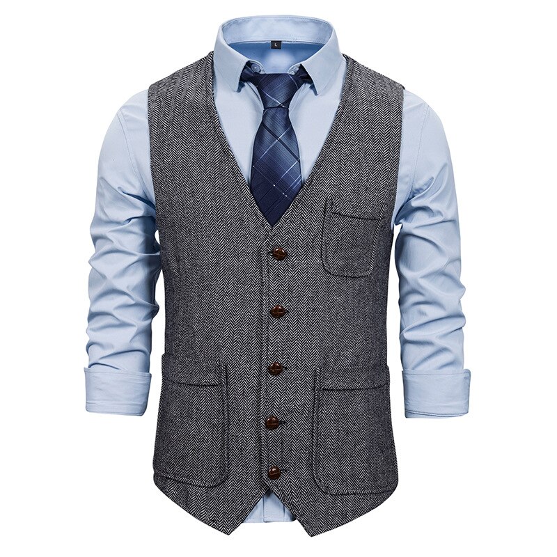 Kjole veste til mænd afslappet sildeben dobbelt lommer chaleco hombre herre bryllup forlovere business vest: Mørkegrå / S