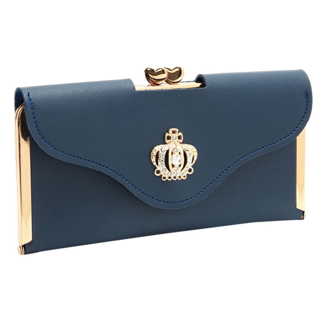 Clutch Bag Crown Diamond Mobile Phone Bag Ladies Long Evening Purse Vintage Women Leather Wallet Pocket Credit Card: Dark Blue