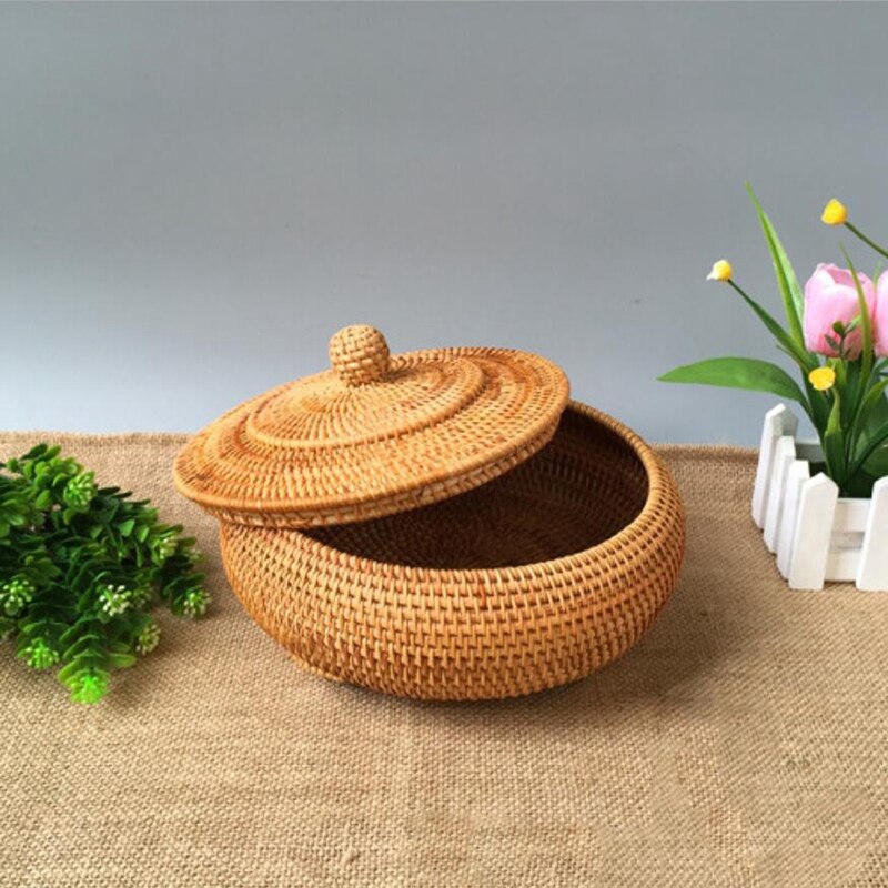 Förvaringskorg handvävd rotting vävd med lock rund primärfärg kinesiska smycken snacks te set förvaringslåda 22 x 13cm