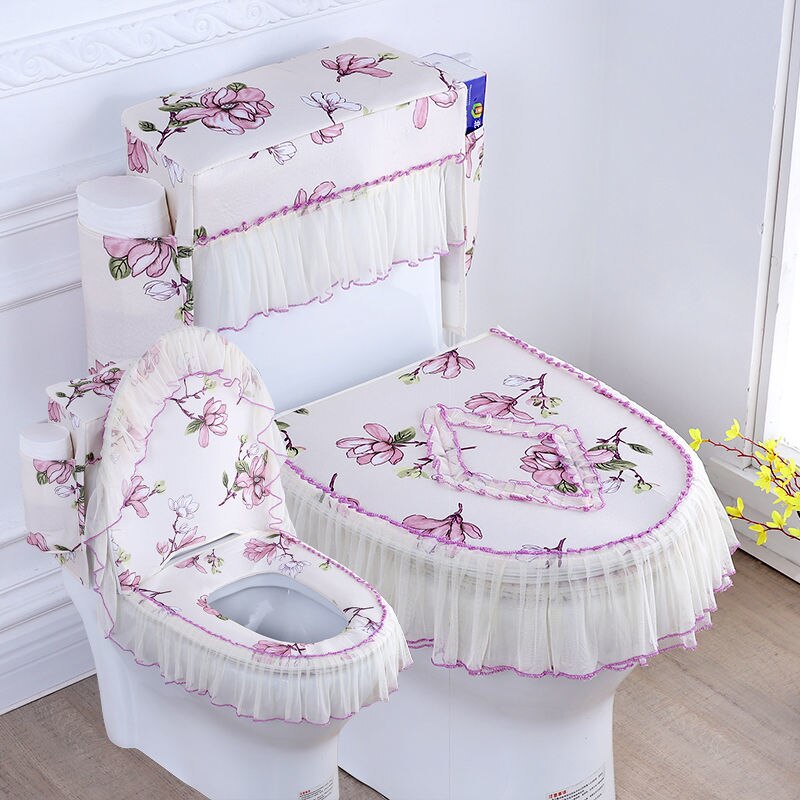 Fyjafon 3pcs Toilet Seat Cover With Storage Bag Flower Printed Overcoat Toilet Case Washable Purple Closestool Seat cover: Purple flower