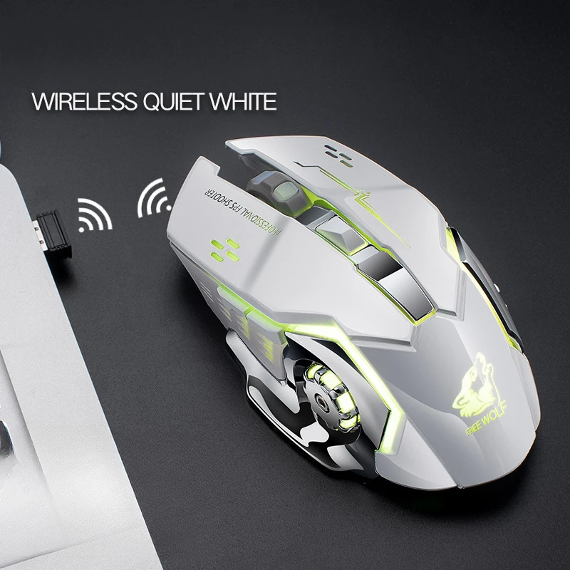 Free Wolf-Souris de jeu mécanique sans fil, X8, silencieuse, rétroéclairée, ergonomique, aste, optique, pour PC portable et de bureau: WHITE