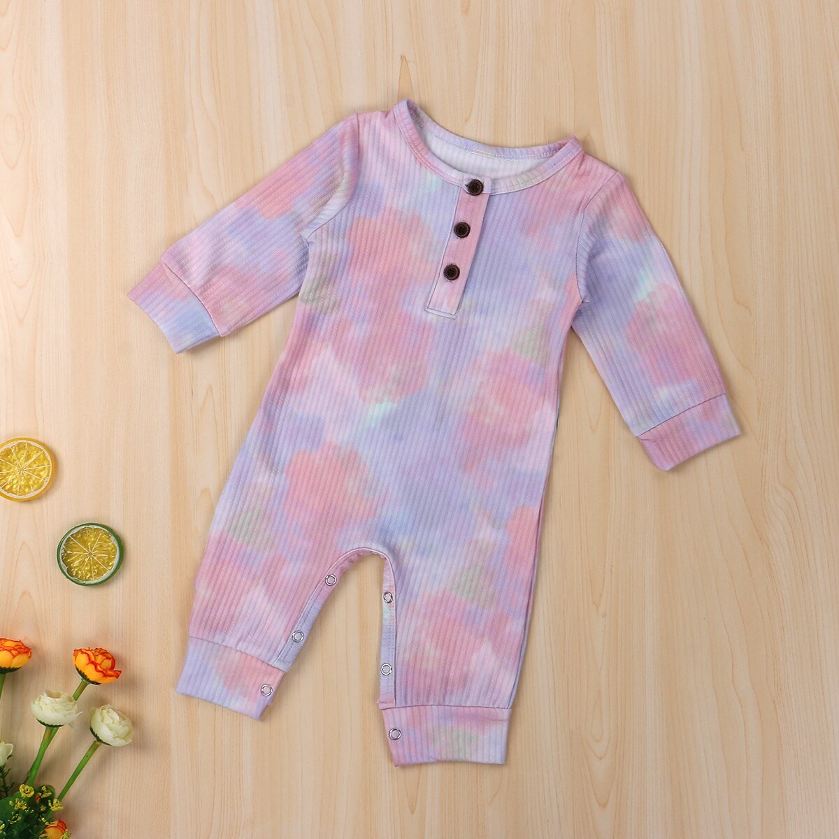 Focusnorm 0-18M Herfst Baby Meisjes Jongens Rompertjes Tie-Dye Gedrukt Lange Mouw Knop Causale Jumpsuits 2 kleuren