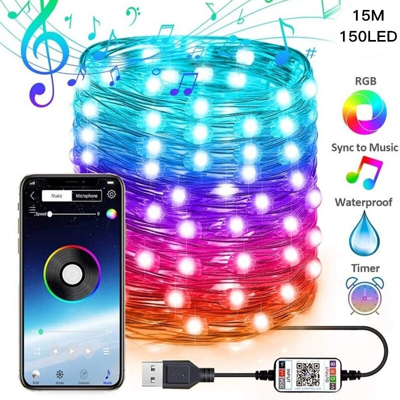 Usb juletre ledet lysstreng med smart bluetooth app fjernkontroll jule hjemmeinnredning fe lys krans: 15m 150 lampe