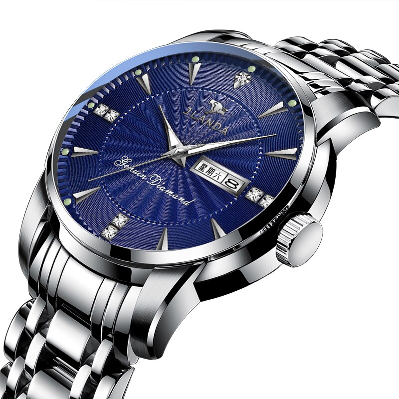 JLANDA-Reloj de pulsera de acero inoxidable para Hombre, Reloj de lujo clásico, de negocios, con fecha y semana, de cuarzo: Blue Silver