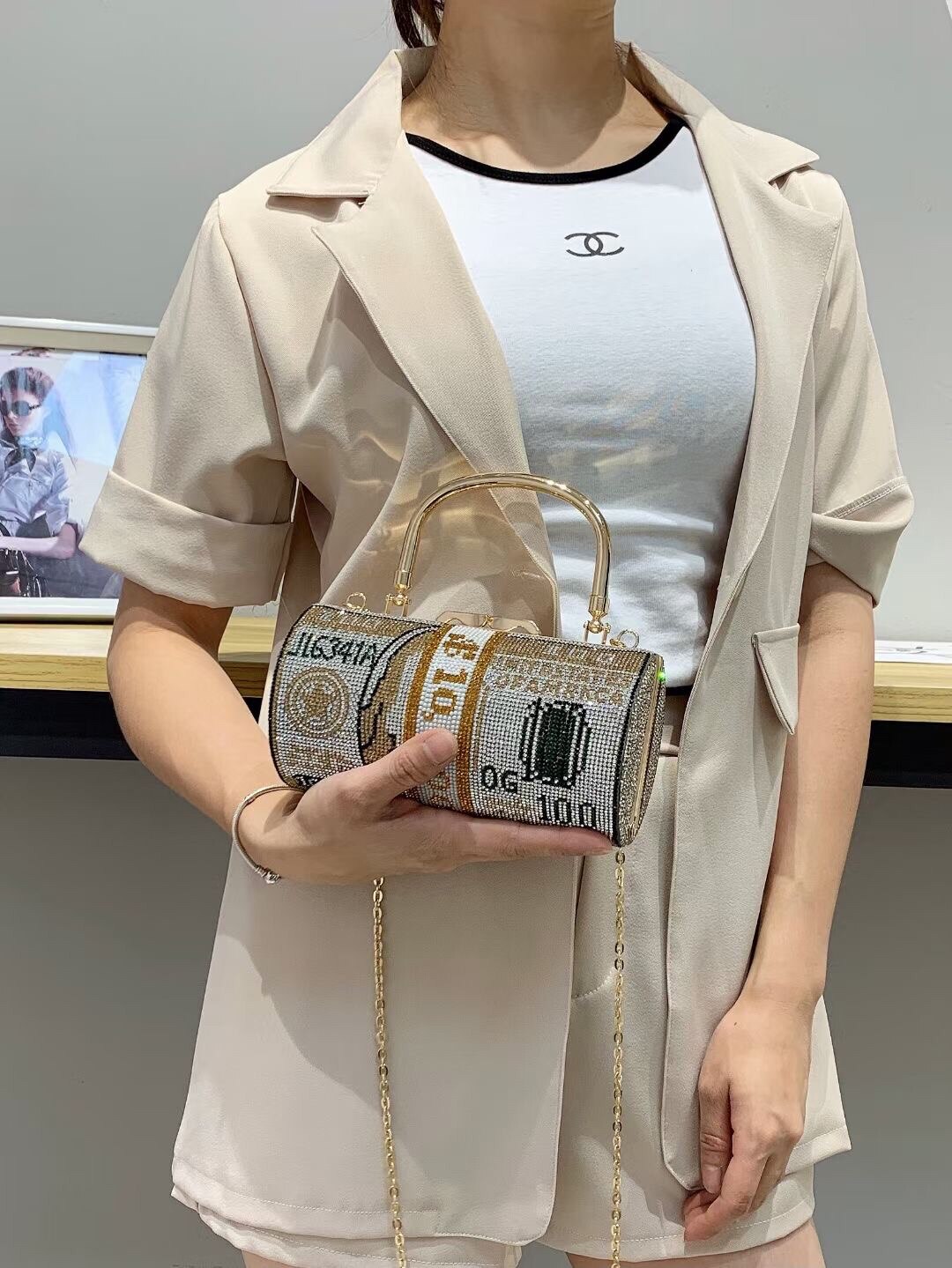 Female bag diamond-studded cylinder bag rhinestone bag dollar clutch bag evening dress shoulder bag dinner bag: Gold