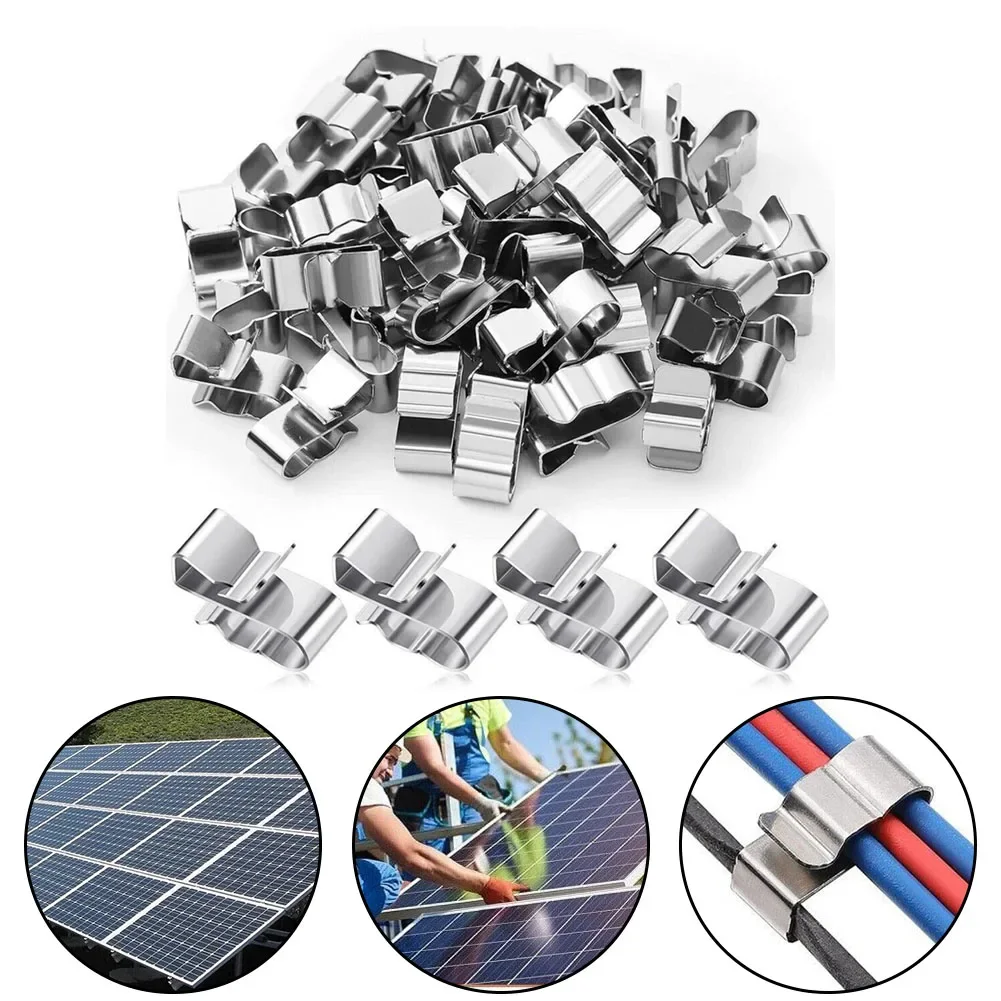 50 st trådklämmor kabeltrailer solcellspanel trådklämmor klämma organisatör rostfritt stål hanteringskablage rep silver