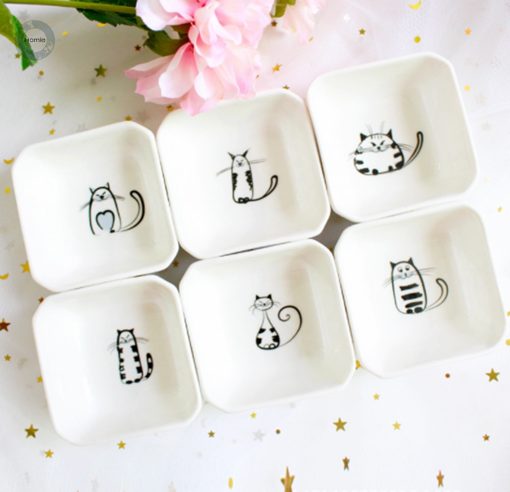 6pcs Square cat Sauce dish ceramic dinner plates sets cat plate Small Saucer Shape Dinner Tray Sauce Dish Mini Ceramics Plate