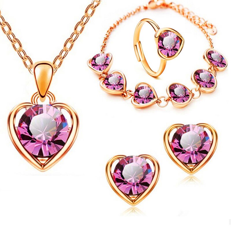Luxury Female Rainbow Crystal Wedding Jewelry Set Cute Gold Silver Color Stud Earrings For Women Boho Love Heart Chain Necklace