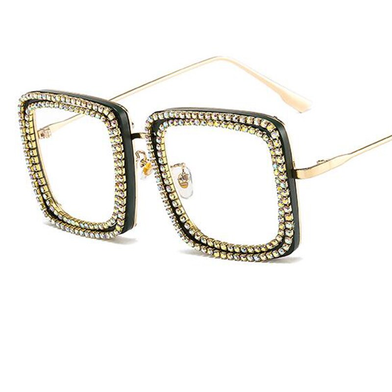 Brilmontuur met strass, heldere glazen, vierkante bril, metalen montuur, optische bril zonder sterkte, transparante bril