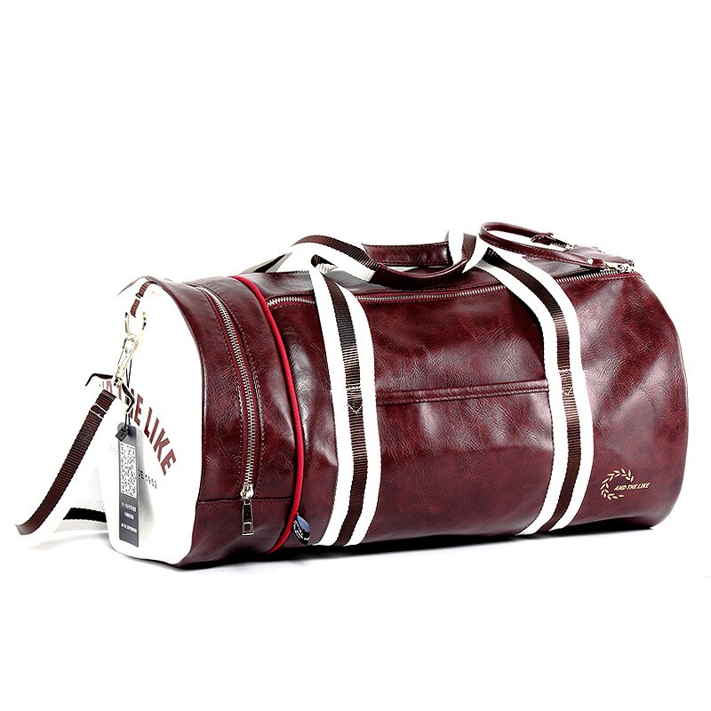 Pu Leather Shoulder Travel Bag Gym Bag Men Fitness Women Portable Training Bag Traveling Handbag Striped Sac De Sports Bags: Wine red-white