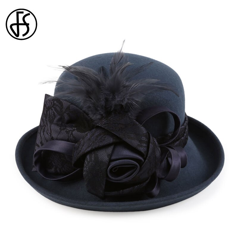Fs vintage svart ull cloche hattar bred brättad fedora hatt för kvinnor blomma röd brun filt vinter bowlerkeps chapeau feutre femme