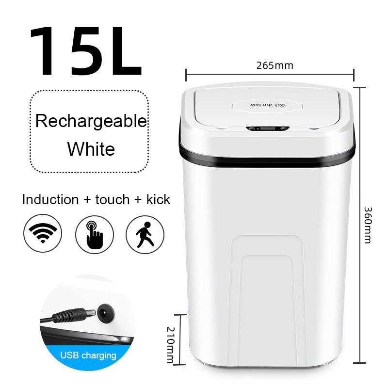15l smarte sensorer skraldespand husstandsstue badeværelse skraldespand med låg smart skraldespand: Genopladelig hvid