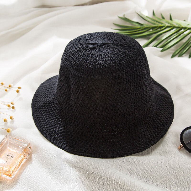 Solhatte til kvinder sommer strandsolhat blød bøttehat panama chapeau femme udendørs kasket: Sort