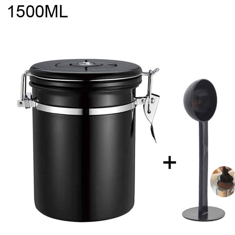 700ml/1400ml Coffee Beans Tea Coffee Container Storage Canister Set Stainless Steel Airtight Coffee Jar Canister With Spoon: Black 1500ml