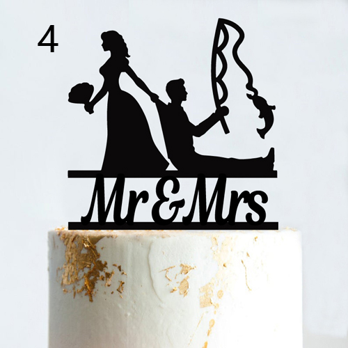 Vissen Stijl Bruidstaart Topper Grappige Mr &amp; Mrs Gelukkige Verjaardag Verslaafd Voor Leven Gelukkig Pensioen Acryl Houten Taart Decoratie: Style 4 / Glitter Silver