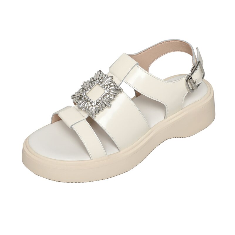 Meotina Shoes Women Genuine Leather Gladiator Sandals Flat Platform Sandals Crystal Buckle Ladies Footwear Summer Beige Black 40: Beige / 9