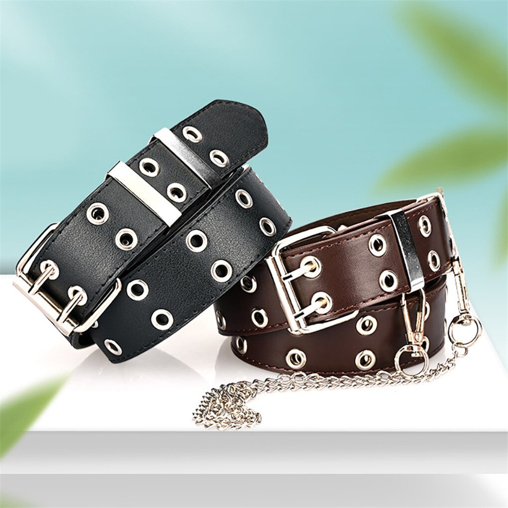 Women Punk Chain Belt Adjustable Double Row Hole Eyelet Waistband with Eyelet Chain Decorative Belts
