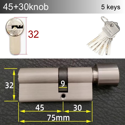Round handle knob Lock Cylinder height 32mm Length 60-110mm with 5 keys Copper material rust-proof Suitable for wooden doors: GRAY