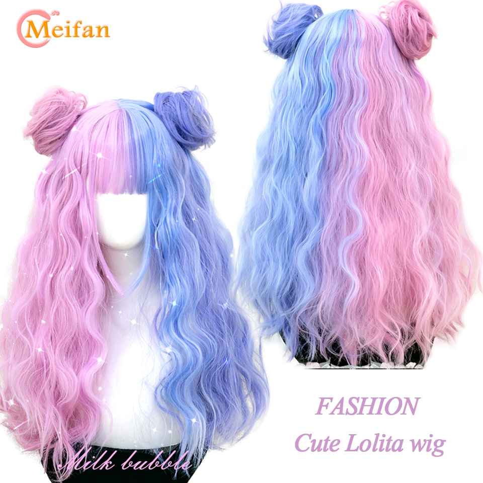 Meifan Lolita Gemengde Licht Blauw Roze Paars Kleur Lang Golvend Krullend Cosplay Pruik Met Pony Leuke Hittebestendige Synthetische Pruik