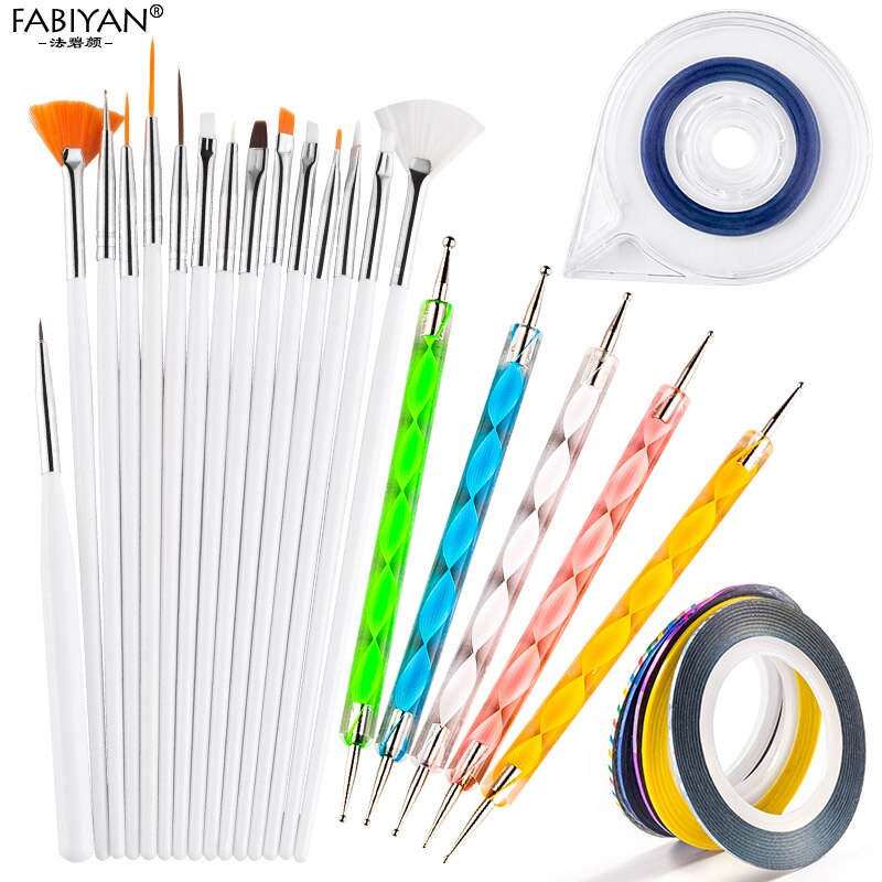 Set 15 Borstel + 5 Puntjes Pen + 5 Rolls Tape Striping Line Tips + 1 Case Houder Nail Art decoratie Manicure Gereedschap Diy