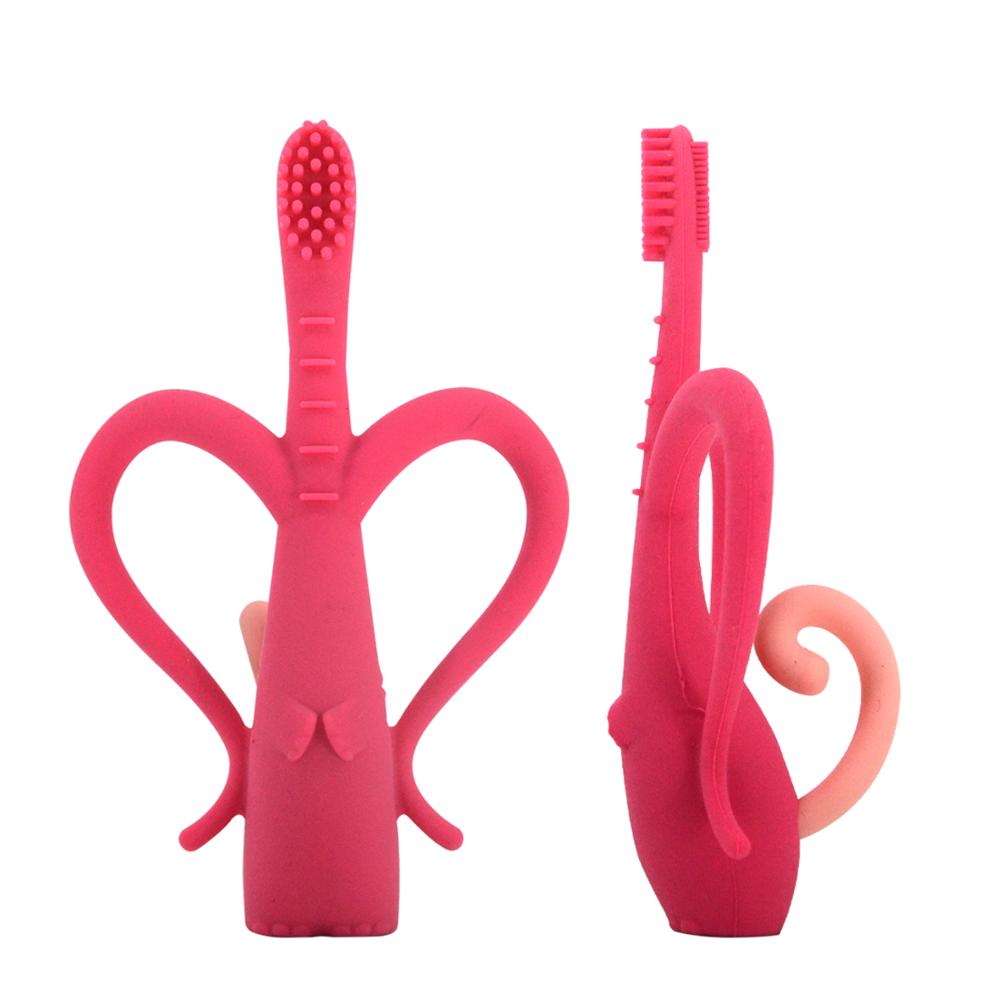 Baby Silicone Elephant Toothbrush Baby Training Silicone Super Soft Head Cute Toothbrush Set Protect Oral Care Tools: Red