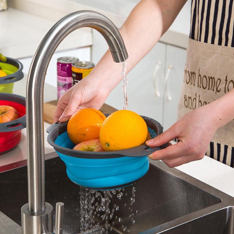Foldable Silicone Colander Fruit Vegetable Washing Basket Strainer Drain Kitchen Gadget Tool Collapsible Drainer With Handle