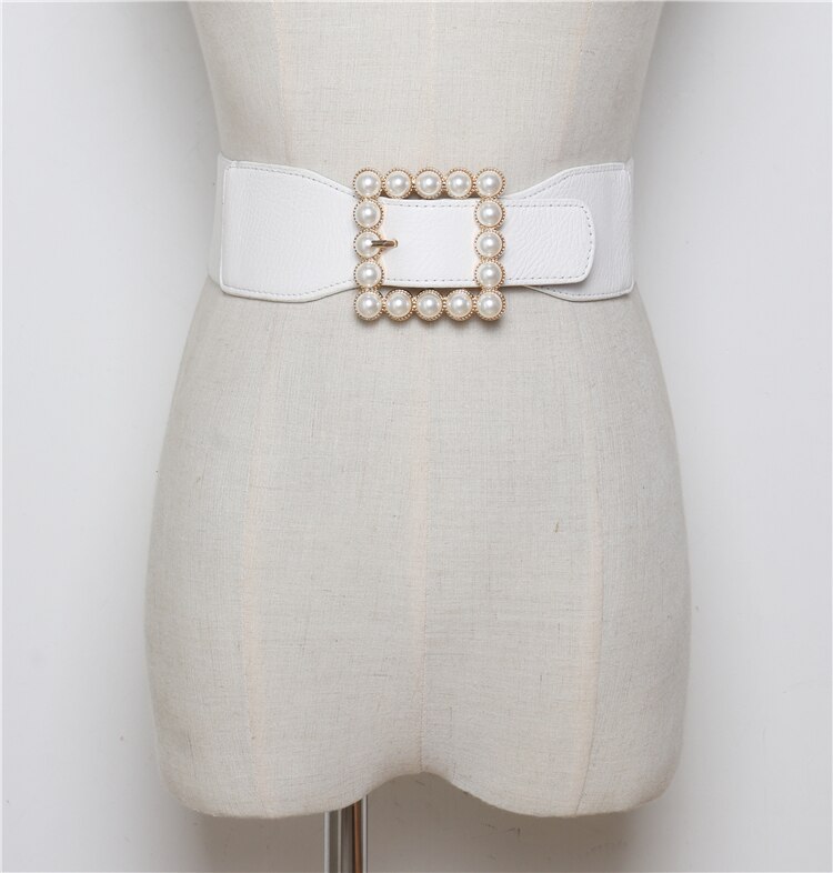 Mode Broeksbanden Voor Vrouwen Solid Stretch Brede Cumberbanden Trouwjurk Versiering Lady Pearl Gold Pin Gesp Riemen Jurk: WHITE