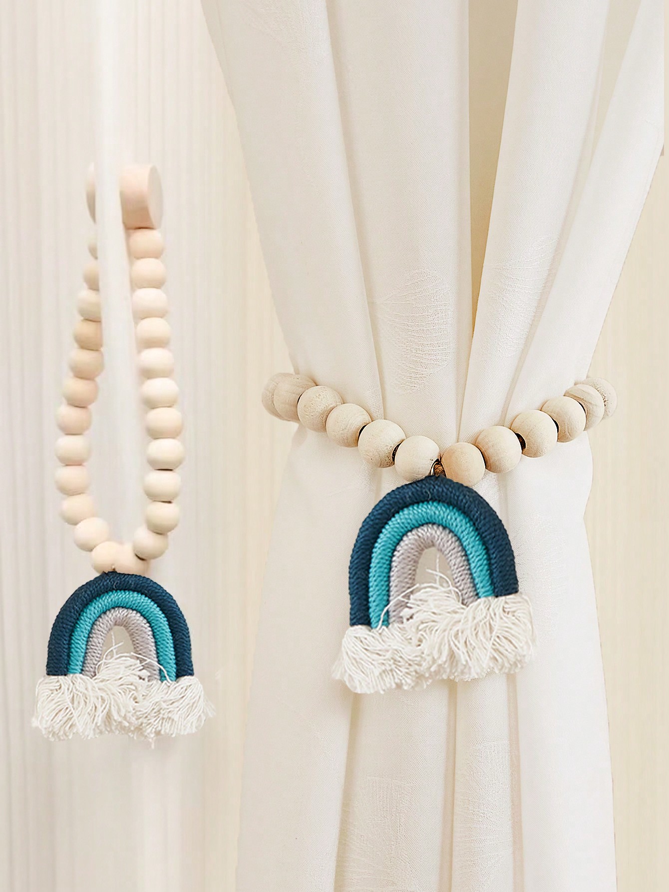 Magnetische regenbooggordijnen Magnetische sluiting Houten kralensteun Gordijndecoratie Toepasselijke gordijnen Slaapkamer Keukengordijnen: Blauw