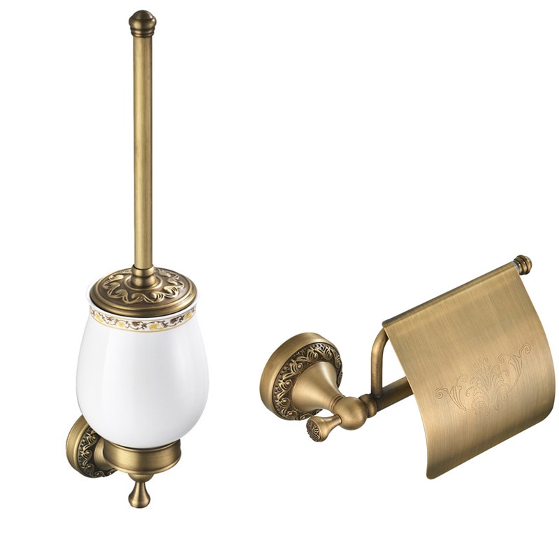 Toliet Accessory Set Solid Brass Toilet Brush Holder 2-piece Bathroom Accessories Set Toilet Roll Paper Holder Bronze Towel Ring: set 1