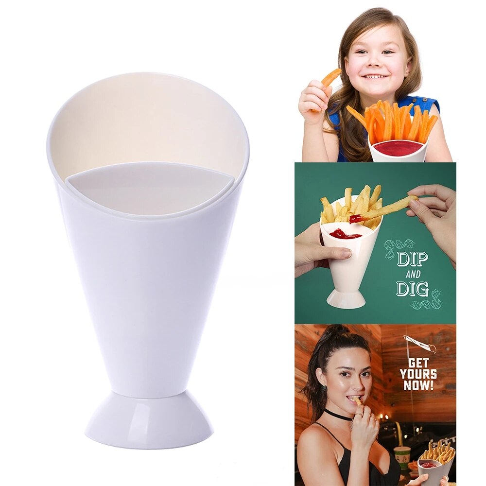 Kitchen Serving Tool Snack Cone Stand + Dip Holder For Chips Finger Food Sauce White Fries Dip and Cone Cup Snack Holder Serving