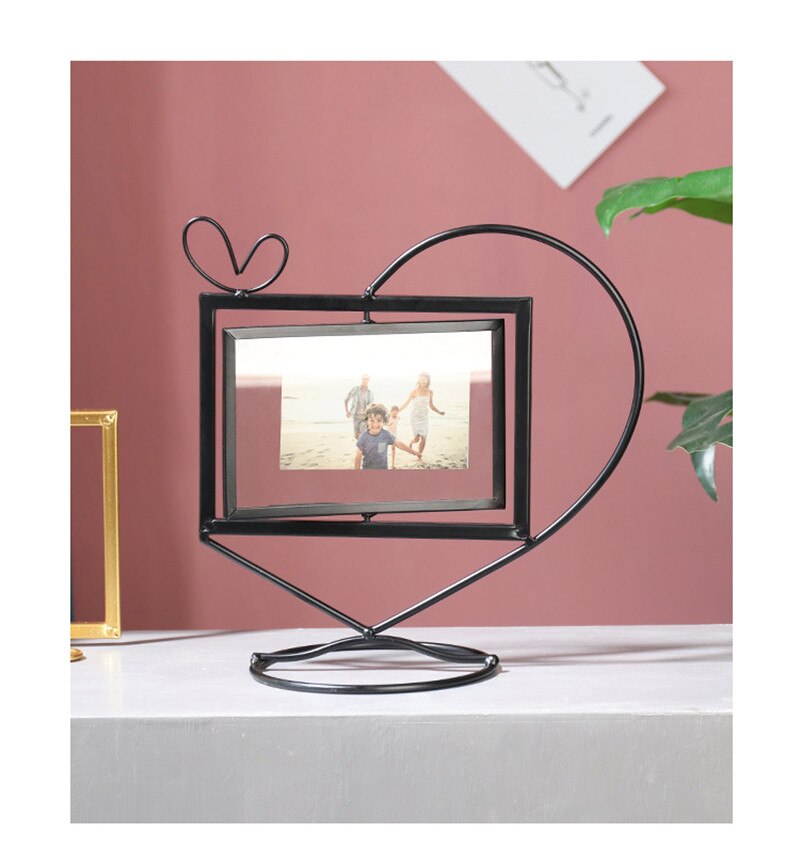 Geometric Golden Metal Photo Frame Desktop Heart Picture Frames for Portraits and Landscape Photo Rotating Photo Frame
