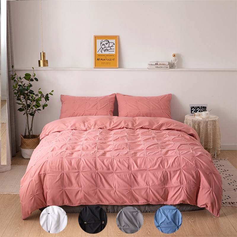 Zwarte dekbedovertrekset, effen bedovertrekken met plooien, kunstwerk, eenpersoons, queensize, kingsize, 3 stuks met kussensloop