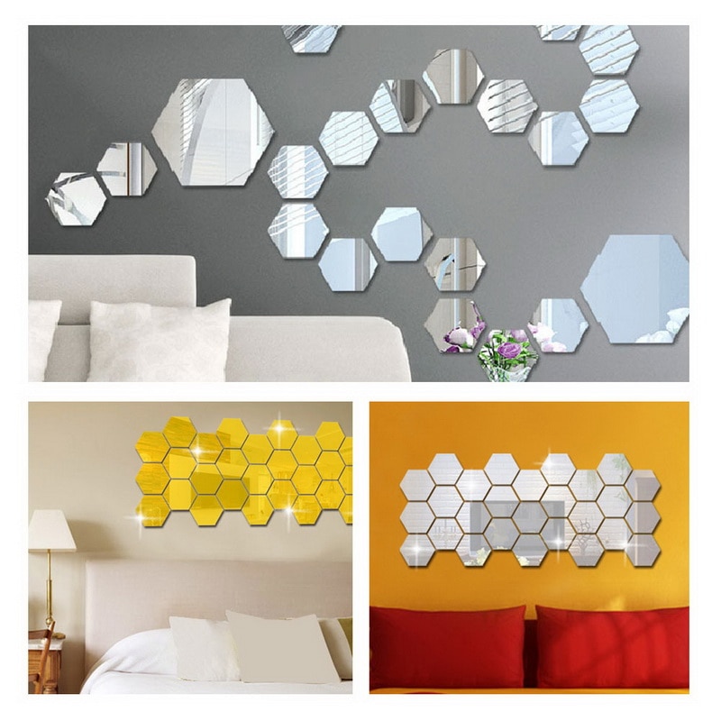 12 pçs geométrico 3d hexágono espelho adesivo de parede decoração para casa ampliar sala de estar removível segurança 2 tamanhos diy adesivos de parede