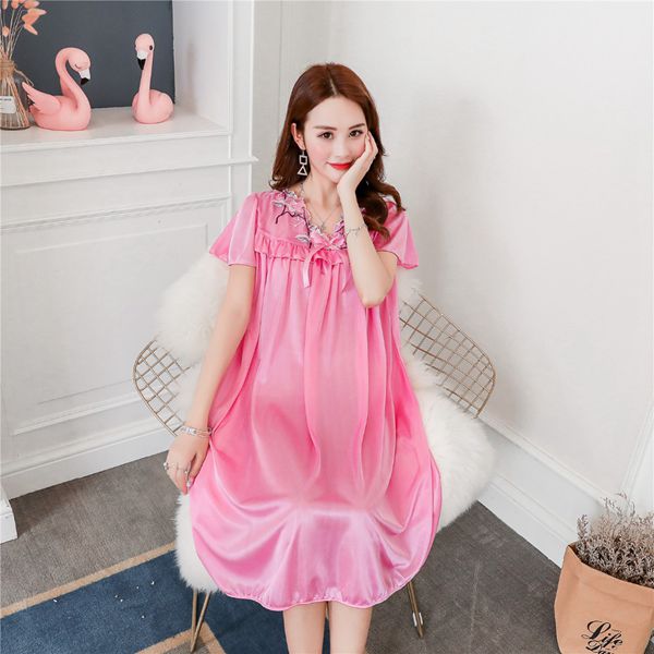 Sexy Summer Fat MM Ice Silk Nightdress Ladies Nightgown Casual Home Dress Pregnant woman Loose Sleepwear Sleepshirt Dress: watermelon red