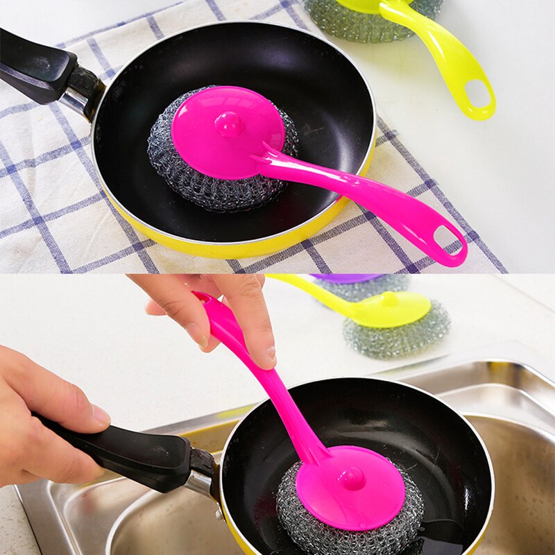 1 PC Stainless Steel Wire Dish Scourer Cleaning Ball Pan Pot Long Handle Brushes Scrubber Kitchen Pot Washing Tool
