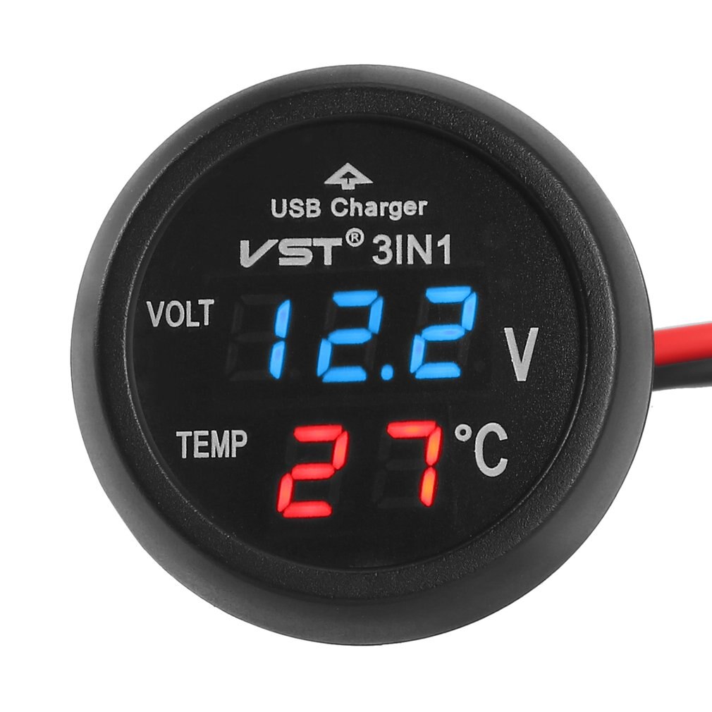 12v/24v digital måler skærm 3 in 1 led usb billader voltmeter termometer bilbatteri skærm lcd digital dobbelt skærm: Blå