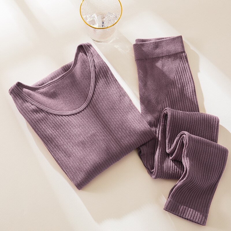 2-piece Set Women&#39;s Pyjamas Autumn Winter Seamless Body Thermal Underwear Suit Thin Thread Slim Lady Warming Thermal Long Johns: light purple