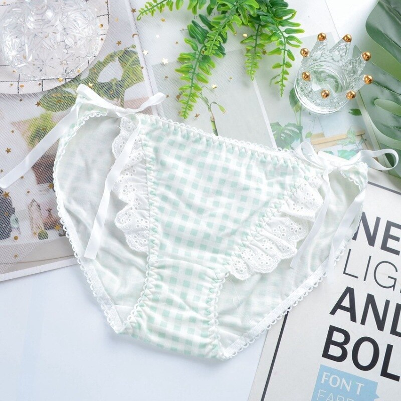Bragas de algodón de Lolita para mujer, ropa interior Sexy de encaje de estilo japonés, ropa interior de entramado de lazo de cintura baja: green / M