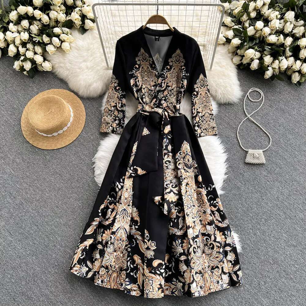 Jamerary Blumen druck Urlaubs kleid Frauen Palast Stil hoch-Ende elegante Promi Midi- Langarm Vestidos: M / Lavendel
