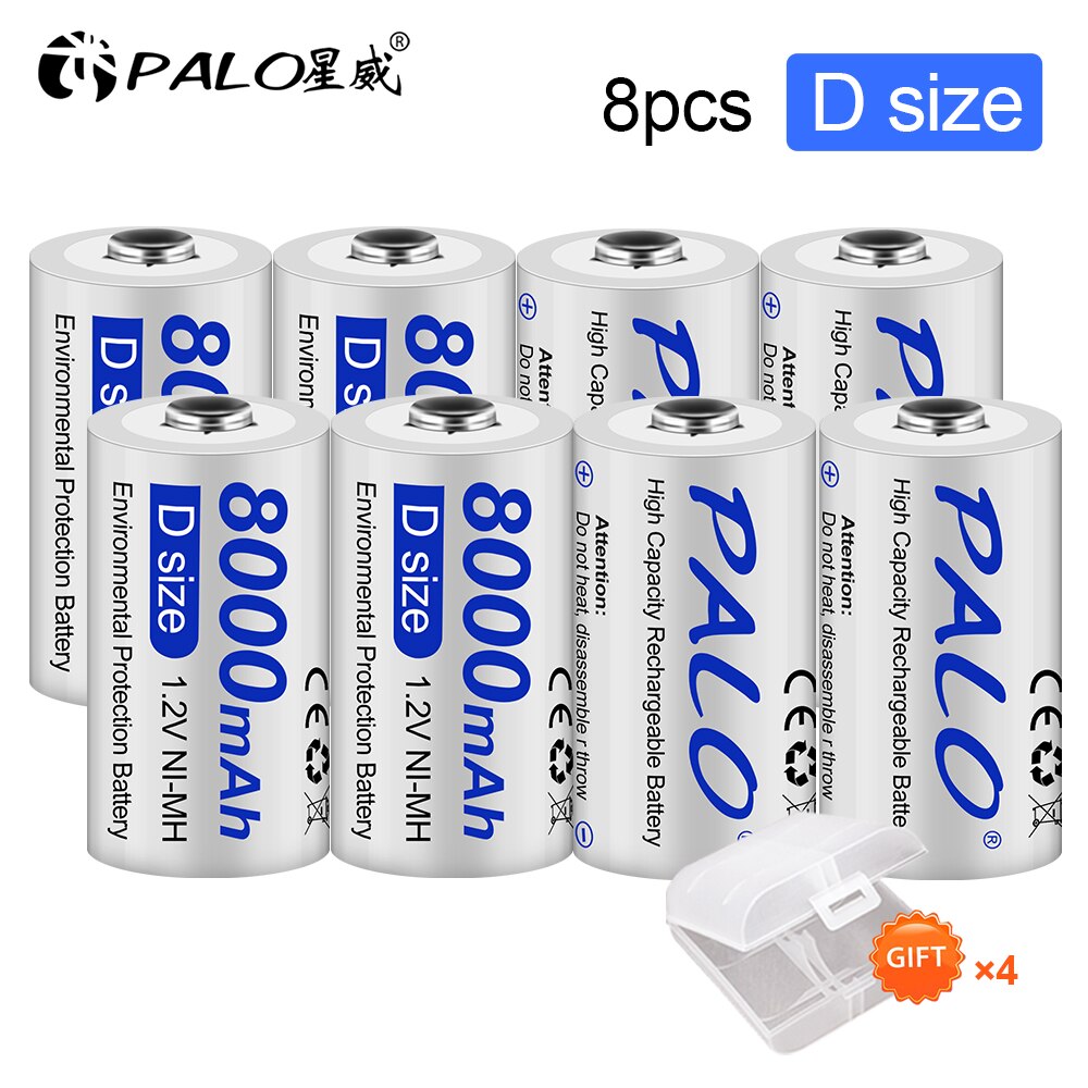 PALO D Size R20 Rechargeable Battery 1.2V NIMH D Cell Batteries 8000mAh for Toys,Radio,Microphone,Gas Cooker D battery: 8pcs