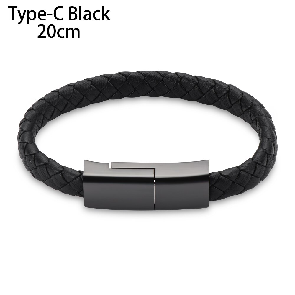 1 Pc Leather Bracelet Data Cable Type C Micro USB Wristband For Android Sync Charging -Styling Fast Charge Cable: Type C Black 20