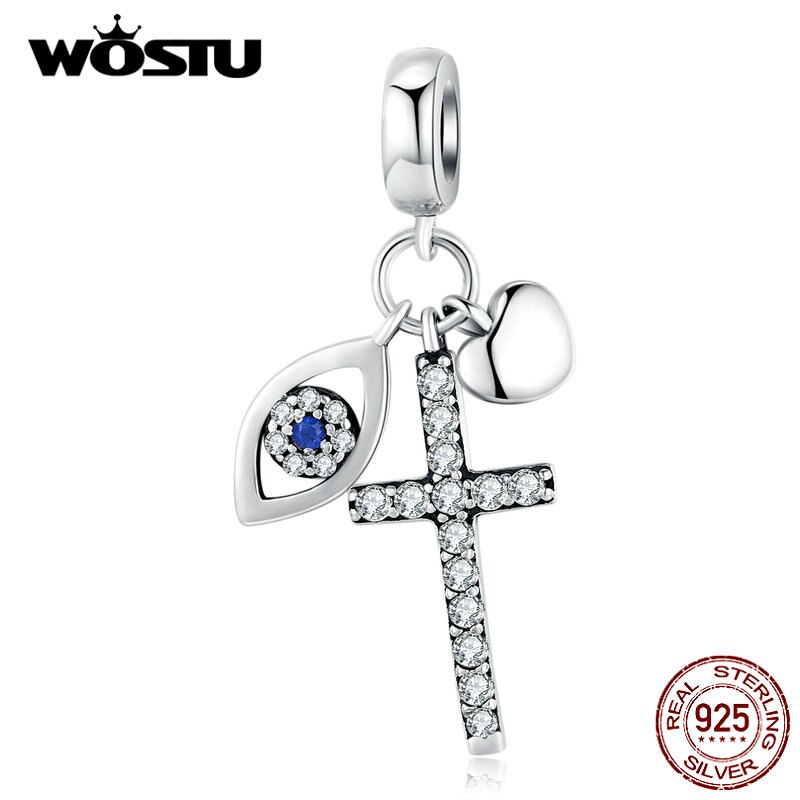 WOSTU Echt 925 Sterling Silber Kreuz Augen Charme Herz Perlen passen Original Armbinde & Armreifen Anhänger Silber 925 Schmuck DXC1327