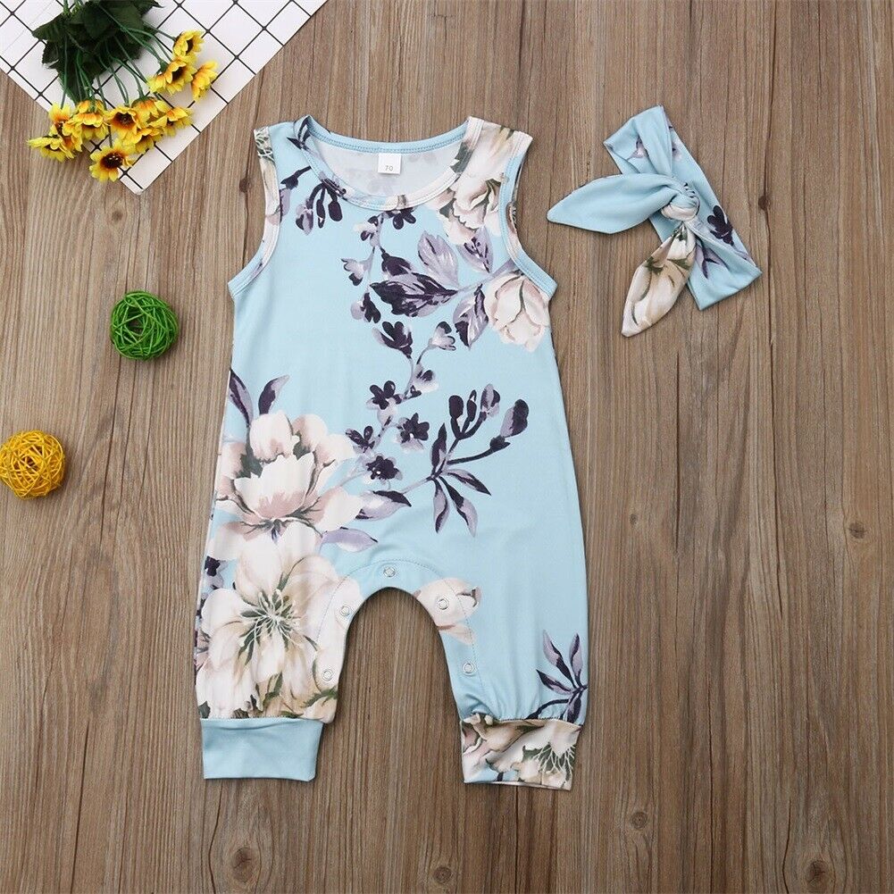 2019 Bebê Roupas de Verão Infantis Bebê Menina Meninos Sem Mangas Floral Romper Cabeça 2 pcs Conjunto Macacão Playsuits Outfits Roupas