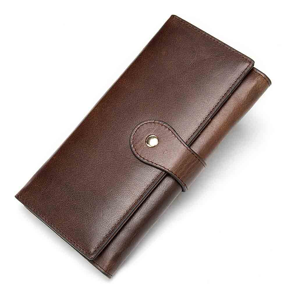 Billeteras para mujer, carteras de cuero con grabado de nombre y broche para mujer, monederos largos 100% de cuero genuino, Cartera de para mujer: Coffee