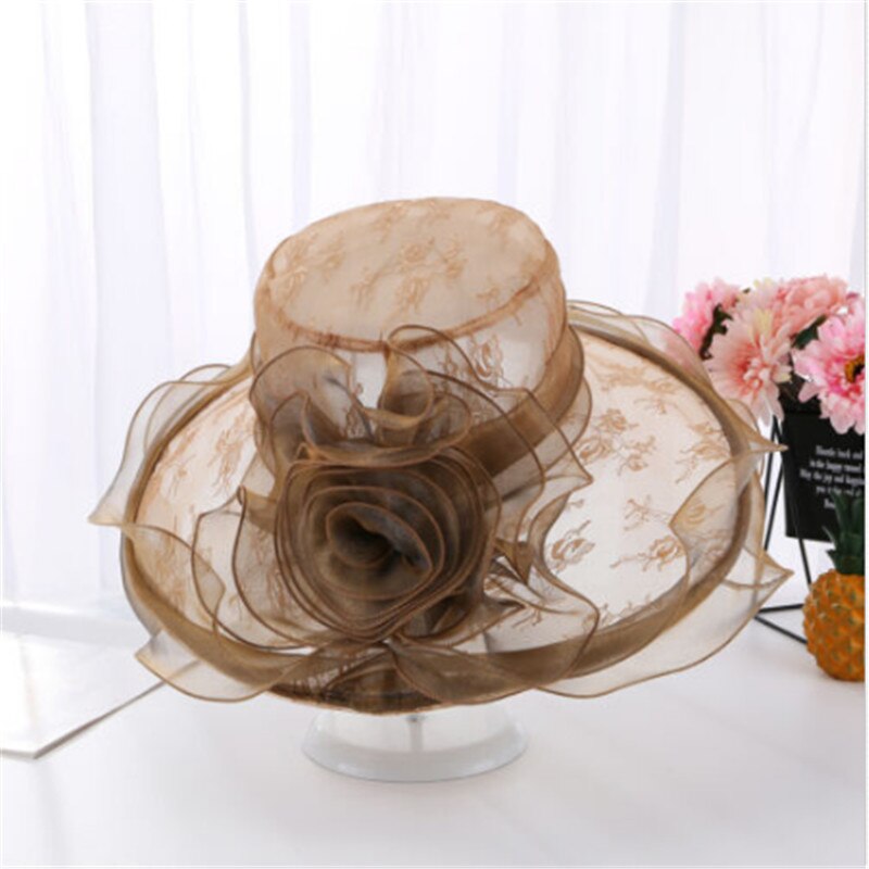 verano elegantes sombreros de playa para mujeres de ala ancha de encaje Floppy sombrero señora té gorras mujer playa UV sol gorros señora sombrero al aire libre: Caqui