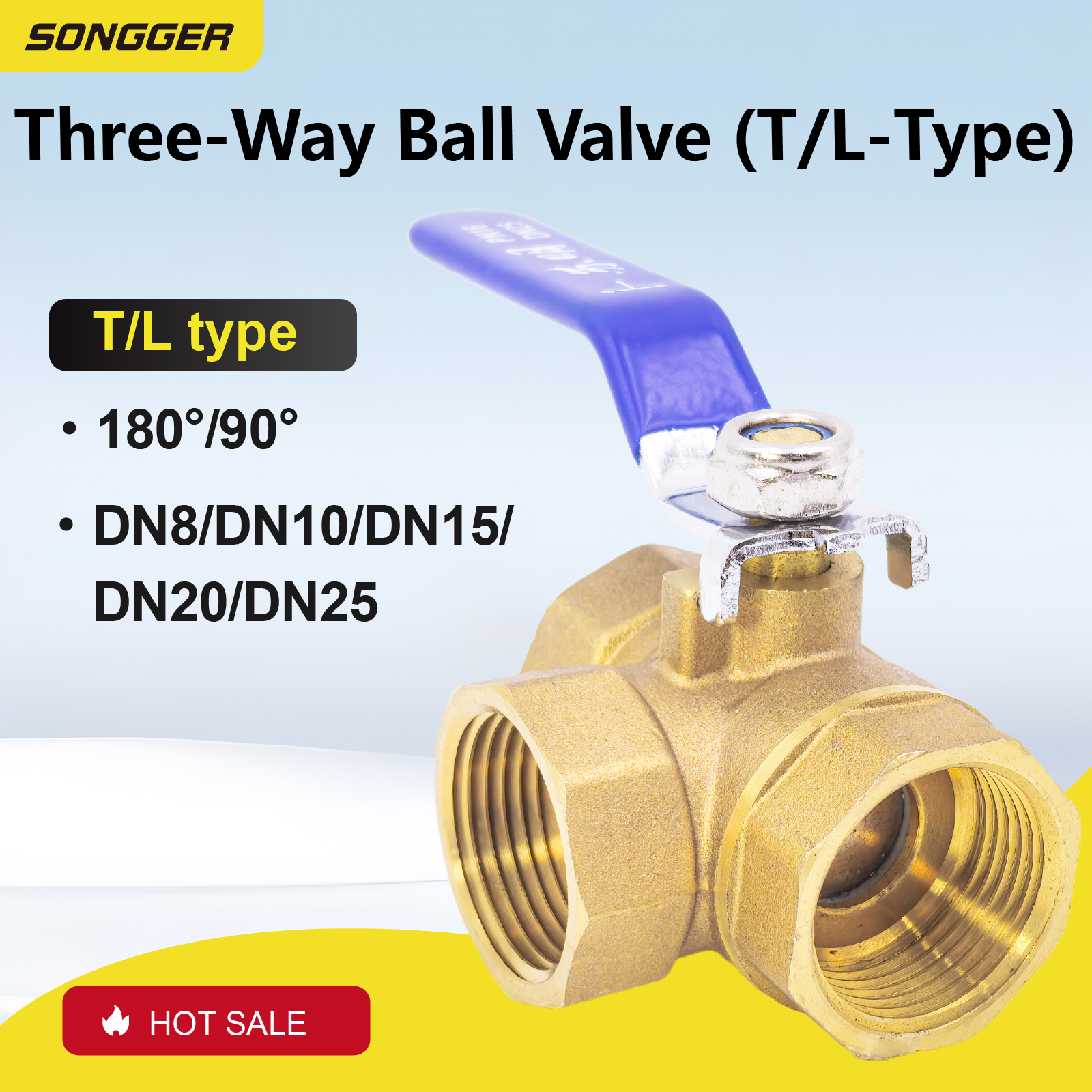 1/4 3/8 1/2 3/4 1 tomme messing 3- vejs ventil t-type l-type indvendig gevind kugleventil afspærring til vand, gas, hvac og vvs