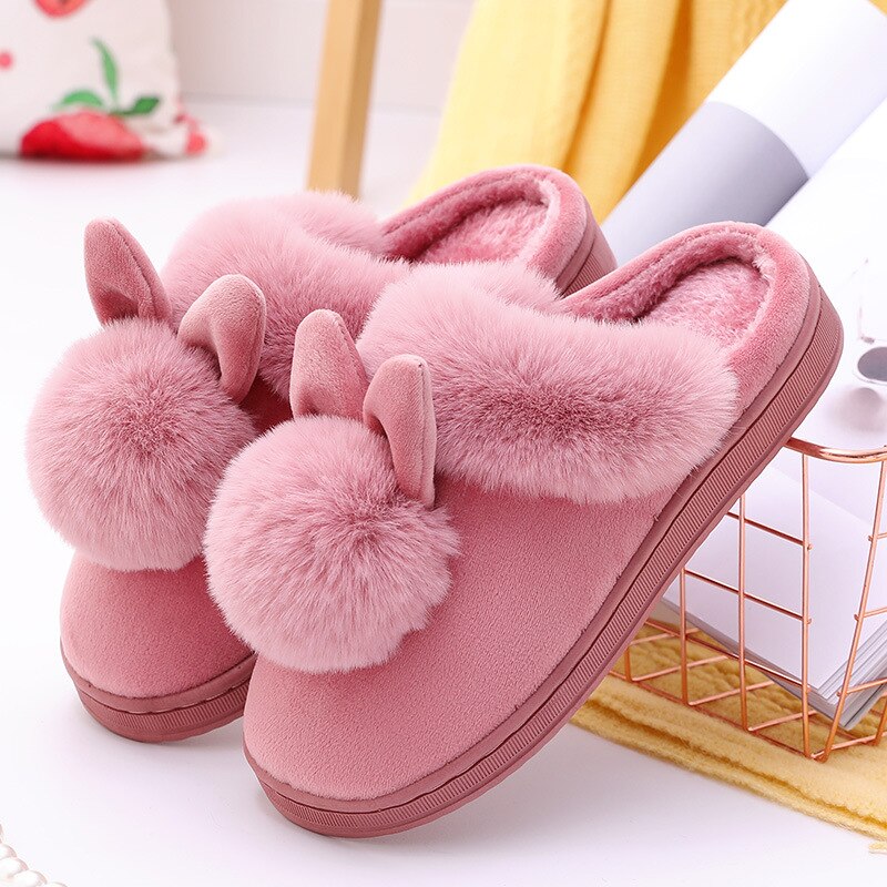 Rabbit Fur Slippers Women Winter Warmth Thickened Sole Indoor Wooden Floor Soft Home Slippers Cotton Shoes Women: dark pink / 38-39